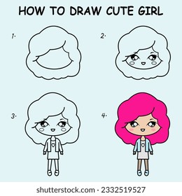 Step by step to draw a cute girl. Drawing tutorial a cute girl. Drawing lesson for children. Vector illustration	
