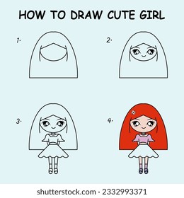 Step by step to draw a cute girl. Drawing tutorial a cute girl. Drawing lesson for children. Vector illustration	
