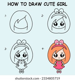 Step by step to draw a cute girl. Drawing tutorial a cute girl. Drawing lesson for children. Vector illustration	
