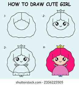 Step by step to draw a cute girl. Drawing tutorial a cute girl. Drawing lesson for children. Vector illustration