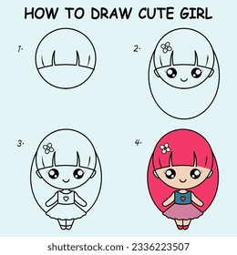Step by step to draw a cute girl. Drawing tutorial a cute girl. Drawing lesson for children. Vector illustration