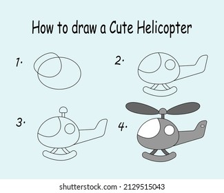 Step by step to draw a Cute Helicopter. Drawing tutorial a Cute Helicopter. Drawing lesson for children. Vector illustration