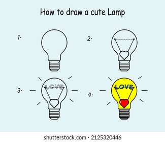Paso a paso para dibujar una linda lámpara. Dibujar tutorial una lámpara linda. Lección de dibujos para niños. Ilustración vectorial.
