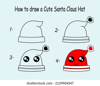 Step by step to draw a Cute Santa Claus Hat. Drawing tutorial a Cute Santa Claus Hat. Drawing lesson for children. Vector illustration
