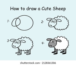 Schritt für Schritt ein Cute Sheep zeichnen. Zeichnen eines Tutorials ein niedliches Schaf. Zeichnen von Unterricht für Kinder. Vektorgrafik