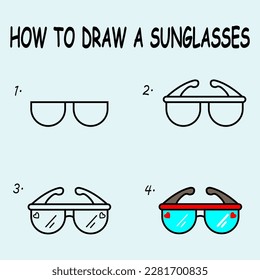 Paso a paso para dibujar unas gafas de sol cúpulas. Dibujar un tutorial con gafas de sol personalizadas. Lección de dibujos para niños. Ilustración del vector	
