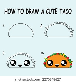 Paso a paso para dibujar un taco lindo. Dibujar tutorial un tacó. Lección de dibujos para niños. Ilustración vectorial.	
