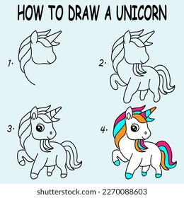 Pas à pas pour dessiner une jolie licorne. Dessin tutoriel d'une jolie licorne. Dessiner une leçon pour les enfants. Illustration vectorielle.	