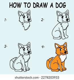 Paso a paso para dibujar un perro. Dibujando tutorial en un perro. Lección de dibujos para niños. Ilustración vectorial.	
