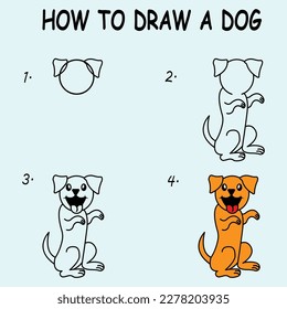 Paso a paso para dibujar un perro. Dibujando tutorial en un perro. Lección de dibujos para niños. Ilustración vectorial.	
