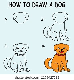 Paso a paso para dibujar un perro. Dibujando tutorial en un perro. Lección de dibujos para niños. Ilustración vectorial.	
