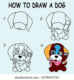 Paso a paso para dibujar un perro. Dibujando tutorial en un perro. Lección de dibujos para niños. Ilustración vectorial.	
