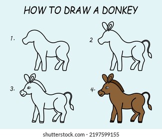 Step by step to draw a Donkey. Drawing tutorial a Donkey. Drawing lesson for children. Vector illustration	