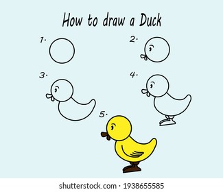 Step by step to draw a Duck. Drawing tutorial a Duck. Drawing lesson for children. Vector illustration.