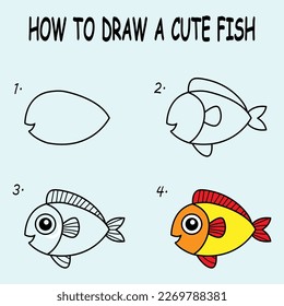 Step by step to draw a Fish. Drawing tutorial a Fish. Drawing lesson for children. Vector illustration	