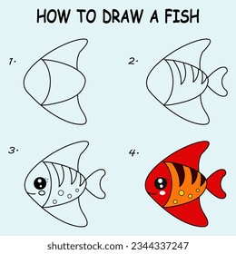 Step by step to draw a Fish. Drawing tutorial a Fish. Drawing lesson for children. Vector illustration