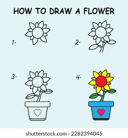 Paso a paso para dibujar una Flor. Dibujar tutorial una Flor. Lección de dibujos para niños. Ilustración del vector	
