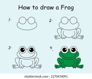 Schritt für Schritt einen Frosch zeichnen. Zeichnen eines Tutorials einen Frosch. Zeichnen von Unterricht für Kinder. Vektorgrafik