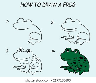Step by step to draw a Frog. Drawing tutorial a Frog. Drawing lesson for children. Vector illustration	