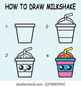 Paso a paso para dibujar un Milkshake. Recordatorio de dibujo con un Milkshake. Lección de dibujos para niños. Ilustración vectorial.	
