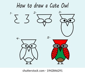 Step by step to draw a Owl. Drawing tutorial a Owl. Drawing lesson for children. Vector illustration.
