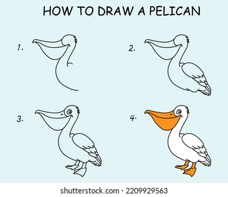 Step by step to draw a Pelican Bird. Drawing tutorial a Helicopter. Drawing lesson for children. Vector illustration	