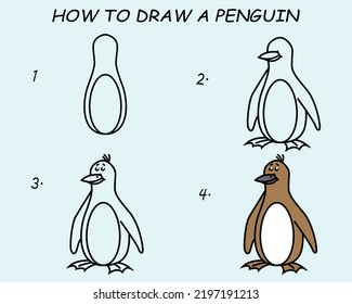 Step by step to draw a Penguin. Drawing tutorial a Penguin. Drawing lesson for children. Vector illustration	