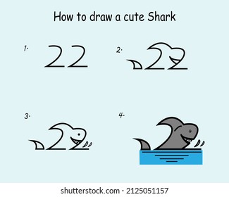 Paso a paso para dibujar un tiburón. Dibujando tutorial en un tiburón. Lección de dibujos para niños. Ilustración del vector