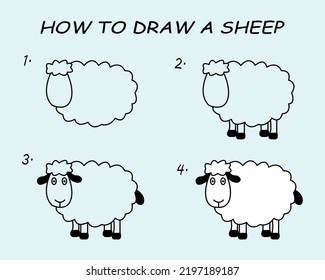 Step by step to draw a Sheep. Drawing tutorial a Sheep. Drawing lesson for children. Vector illustration	