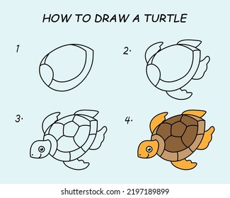Step by step to draw a Turtle. Drawing tutorial a Turtle. Drawing lesson for children. Vector illustration	