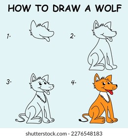 Paso a paso para dibujar un lobo. Dibujar tutorial en un Wolf. Lección de dibujos para niños. Ilustración del vector	
