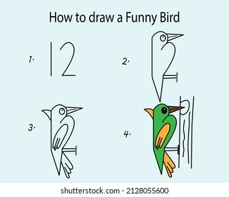 Step by step to draw a Woodpecker bird. Drawing tutorial a Woodpecker bird. Drawing lesson for children. Vector illustration 