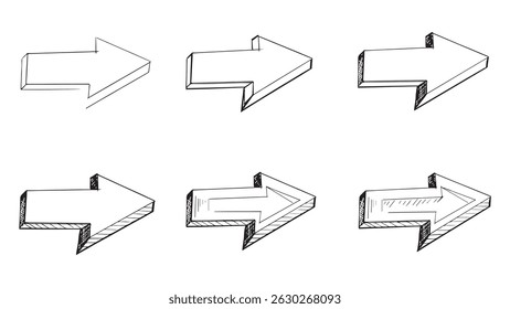 Step by step drawing of arrow, coloring of arrows in doodle style, black and white doodle arrows on white background, set of doodle hand drawn arrows, collection of pointers for design, arrow symbol