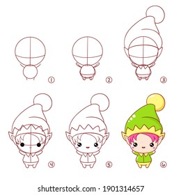 Step by step drawing of cute cartoon elf. Educational child game, medium difficulty level. Kid game to develop drawing skill. Drawing tutorial, gaming and education. Vector EPS8