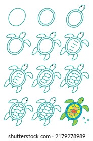 step by step drawing cute doodle sea turtle