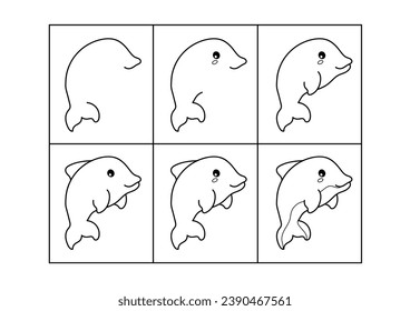 Step by step drawing. Dolphin. Coloring page, coloring book page. Black and white vector illustration.