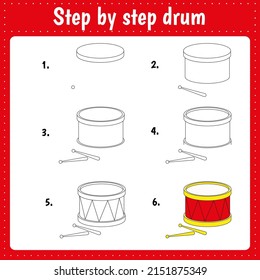 Step by step drawing drum. Educational worksheet for kids. Preschool activity pages