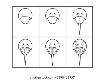 Step by step drawing. Horseshoe crab. Coloring page, coloring book page. Black and white vector illustration.