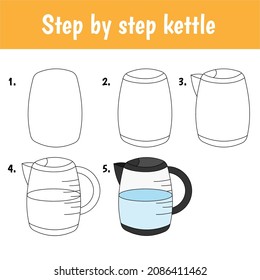 Step by step drawing kettle for children