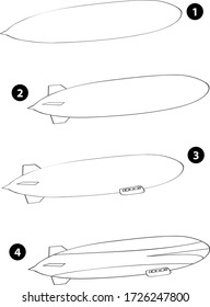 Step by step drawing learning techniques, transportation tools set workbook for kids isolated background. Vector illustration zeppelin