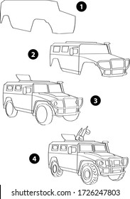 Step by step drawing learning techniques, transportation tools set workbook for kids isolated background. Vector illustration land car