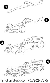 Step by step drawing learning techniques, transportation tools set workbook for kids isolated background. Vector illustration racing car