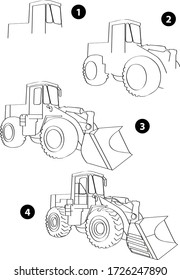 Step by step drawing learning techniques, transportation tools set workbook for kids isolated background. Vector illustration dozer