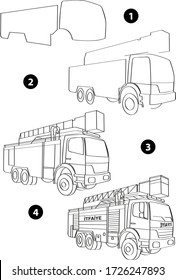 Step by step drawing learning techniques  transportation tools set workbook for kids isolated background  Vector illustration fire truck