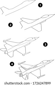 Step by step drawing learning techniques, transportation tools set workbook for kids isolated background. Vector illustration jet