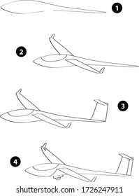 Step by step drawing learning techniques, transportation tools set workbook for kids isolated background. Vector illustration airplane