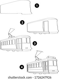 Step by step drawing learning techniques, transportation tools set workbook for kids isolated background. Vector illustration tramway