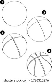 Step by step drawing learning techniques, objects set workbook for kids isolated background. Vector illustration basketball