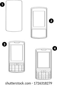 Step by step drawing learning techniques, objects set workbook for kids isolated background. Vector illustration telephone