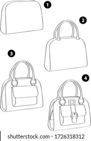 Step by step drawing learning techniques, objects set workbook for kids isolated background. Vector illustration woman bag